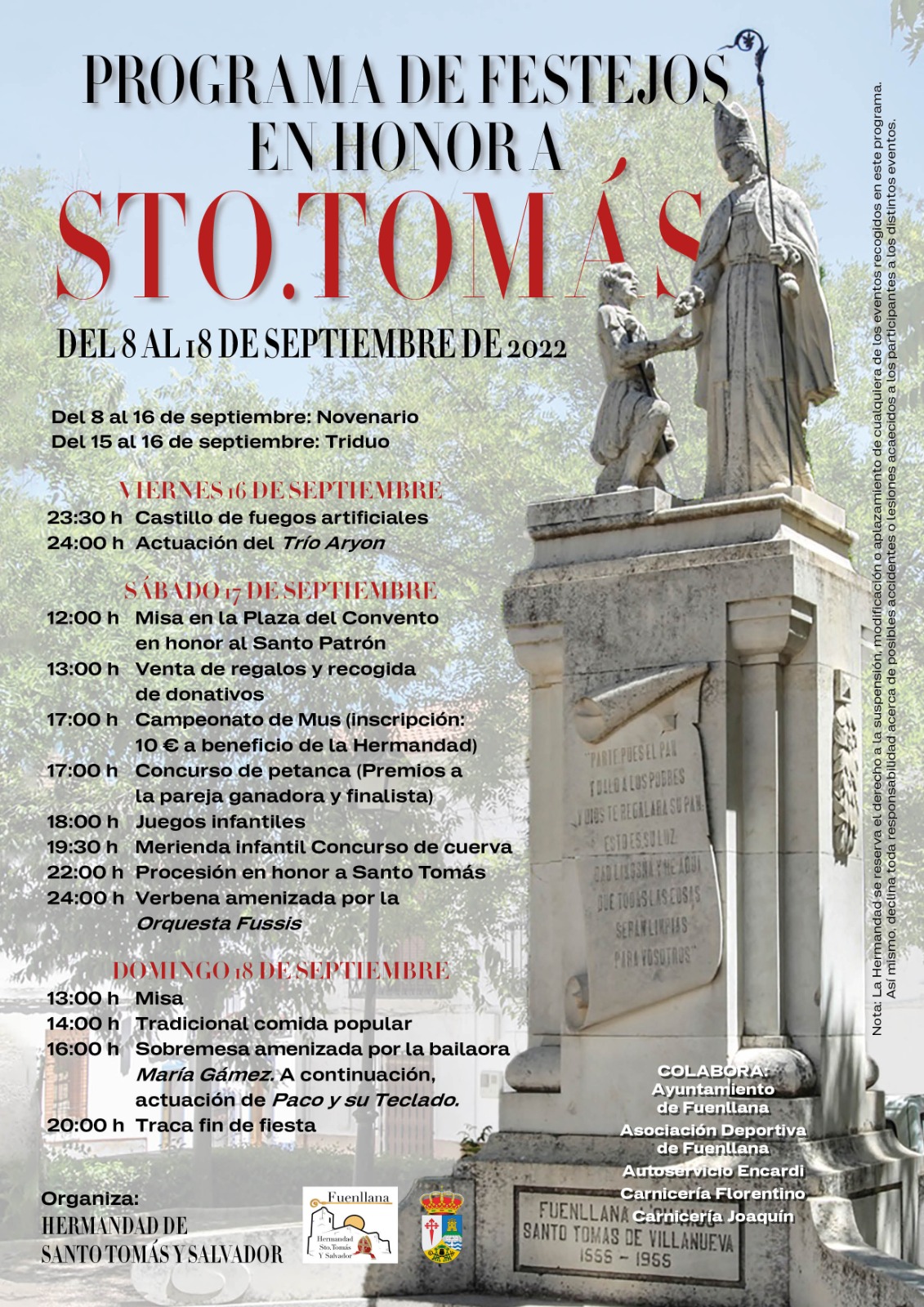 Fiestas patronales en honor a Santo Tomás de Villanueva 2022 Fuenllana
